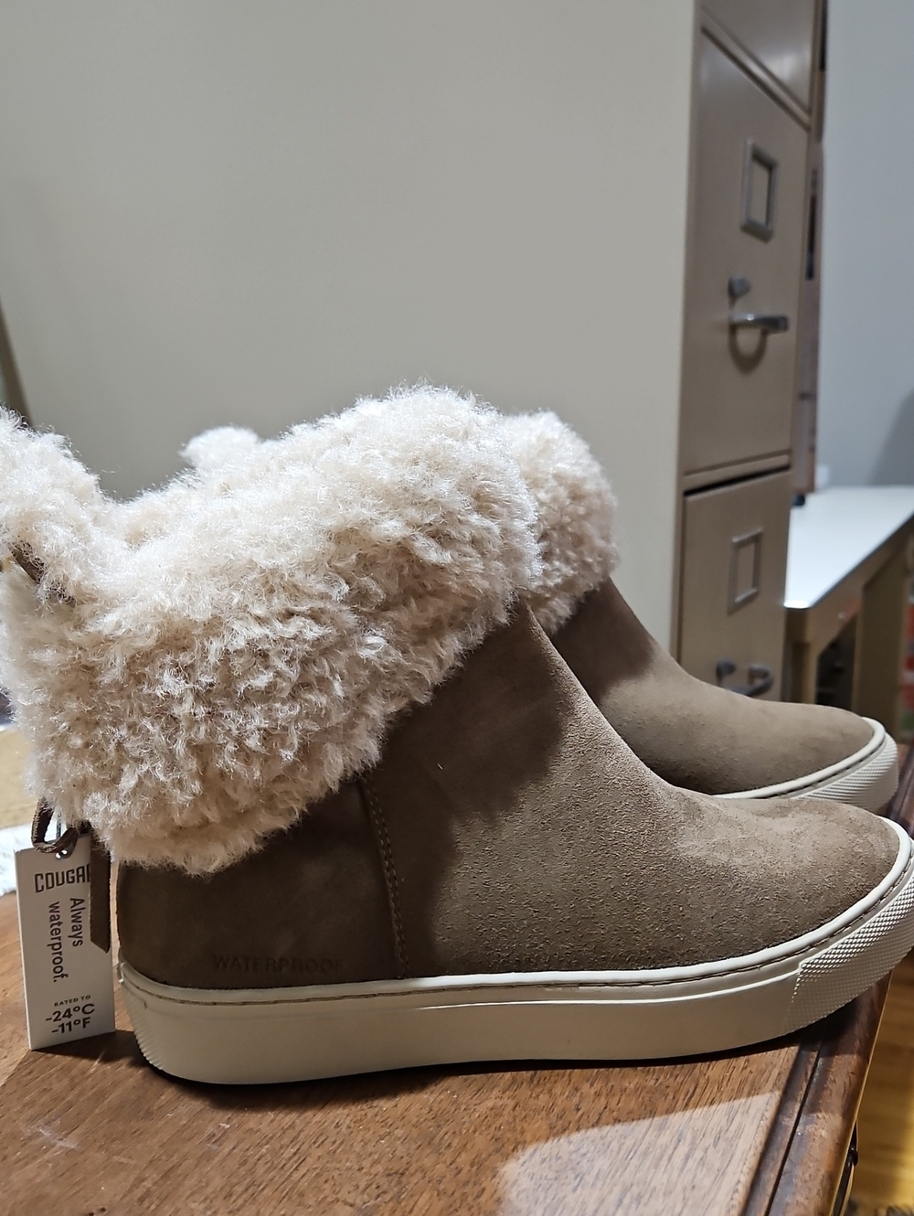 Cougar Taupe Suede-Look Waterproof Winter Boots with Cream Shearling Collar